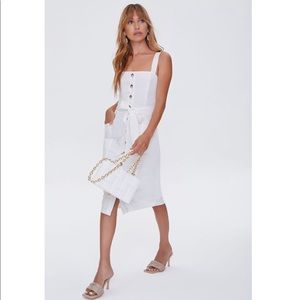 White Linen Blend Button Front tie Dress